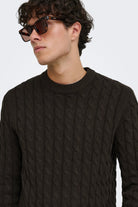 Only & Sons Kicker Cable Knit Crew Neck Coffee Bean