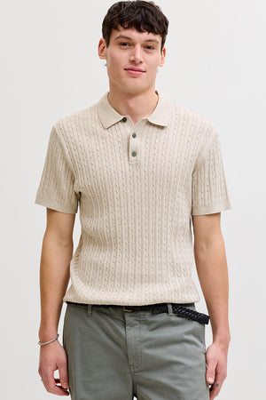 Jack & Jones Emil Knit Cable Polo SS Oatmeal