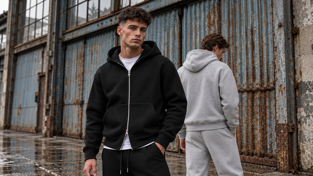Två män i Jack & Jones Legacy Scuba hoodie och mjukisbyxor i svart och ljusgrått