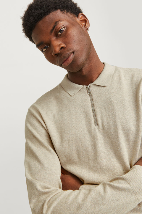 Jack & Jones Emil Knit Polo Half Zip LS Oatmeal